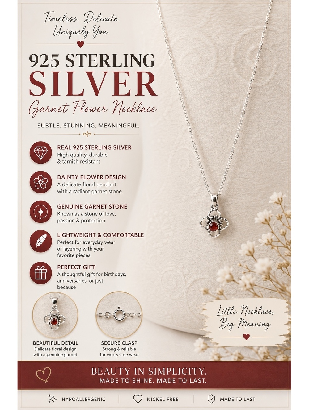925 Sterling Silver Garnet Flower Necklace with Delicate Pendant